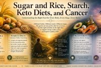 Infographic comparing sugar, rice, starch, keto diets, and cancer nutrition strategies.