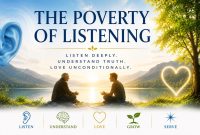 Illustration titled "The Poverty of Listening" showing two people talking by a lake.