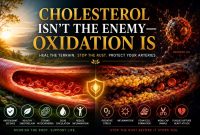 Comparison of a healthy artery and a severely plaque-filled artery illustrating the concept that oxidized LDL and oxidative stress, rather than cholesterol alone, contribute to cardiovascular disease.