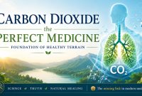 Promotional graphic for Carbon Dioxide: The Perfect Medicine featuring stylized lungs filled with green tree branches above a mountain valley, emphasizing CO₂ as a foundation for healthy physiology.