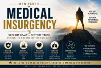 Infographic titled "Manifesto of Medical Insurgency" outlining principles of biological medicine, health sovereignty, CO₂ therapy, restoration, and medical independence.