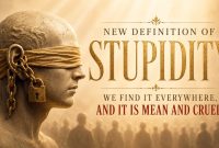 Illustration of a blindfolded stone figure with chains locking one ear, symbolizing intellectual blindness and the refusal to listen, alongside the title "New Definition of Stupidity."