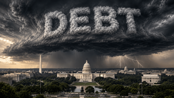 Dark storm clouds forming the word 'DEBT' over Washington, D.C., with the U.S. Capitol beneath, symbolizing the looming financial consequences of national debt and economic instability.