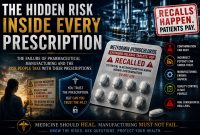 Infographic showing a recalled prescription drug blister pack, pharmaceutical manufacturing equipment, and warning icons illustrating contamination, incorrect potency, manufacturing errors, and quality control failures.