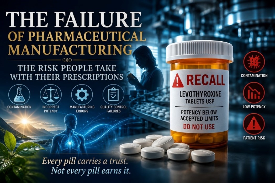 Illustration of a recalled prescription medication bottle in front of a pharmaceutical production facility, highlighting manufacturing failures, contamination risks, and the importance of medication quality control.