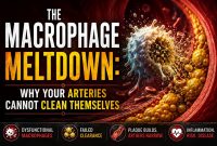Infographic illustrating a dysfunctional macrophage overwhelmed by cholesterol debris inside an artery, explaining how failed efferocytosis contributes to plaque buildup, inflammation, and progressive atherosclerosis.