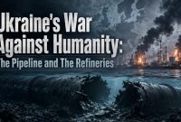 Illustration of a damaged underwater pipeline in the foreground with burning oil refineries across the horizon, symbolizing the global consequences of attacks on critical energy infrastructure during the Ukraine conflict.