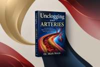 Book cover of Unclogging Your Arteries by Dr. Mark Sircus, featuring a medical illustration of plaque-filled arteries with red blood cells against an abstract red, gold, navy, and cream background.
