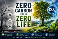 Split illustration showing a barren landscape without carbon dioxide contrasted with a thriving green ecosystem, emphasizing the importance of CO₂ for plants and life.