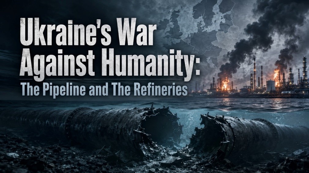 Destroyed pipeline in the foreground with burning refinery infrastructure beneath the headline “Ukraine’s War Against Humanity: The Pipeline and The Refineries.”