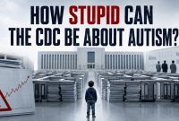 Child standing between stacks of medical records beneath the headline “How Stupid Can the CDC Be About Autism?”