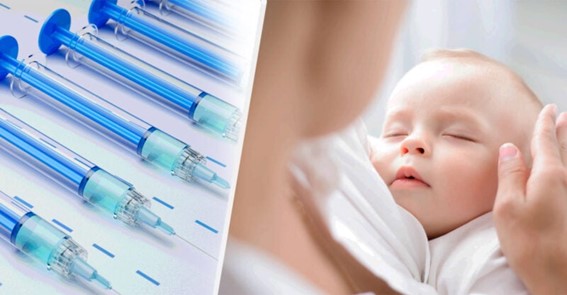 Sleeping infant beside a row of medical syringes, illustrating the article’s discussion of childhood vaccination.