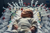 Baby lying on a medical bed surrounded by syringes and vaccine vials.