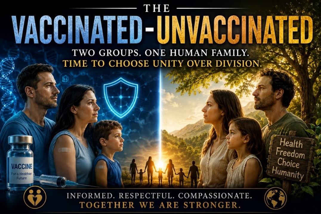 Split graphic showing vaccinated and unvaccinated families with a message promoting informed choice, respect, and unity.