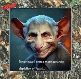 Satirical caricature depicting Anthony Fauci with exaggerated facial features.