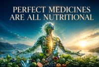 Human figure formed from plants, minerals, water, and natural elements at sunrise, illustrating the concept that perfect medicines are nutritional.