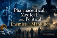 Editorial illustration depicting pharmaceutical, medical, and political institutions alongside medicine, money, and government imagery.