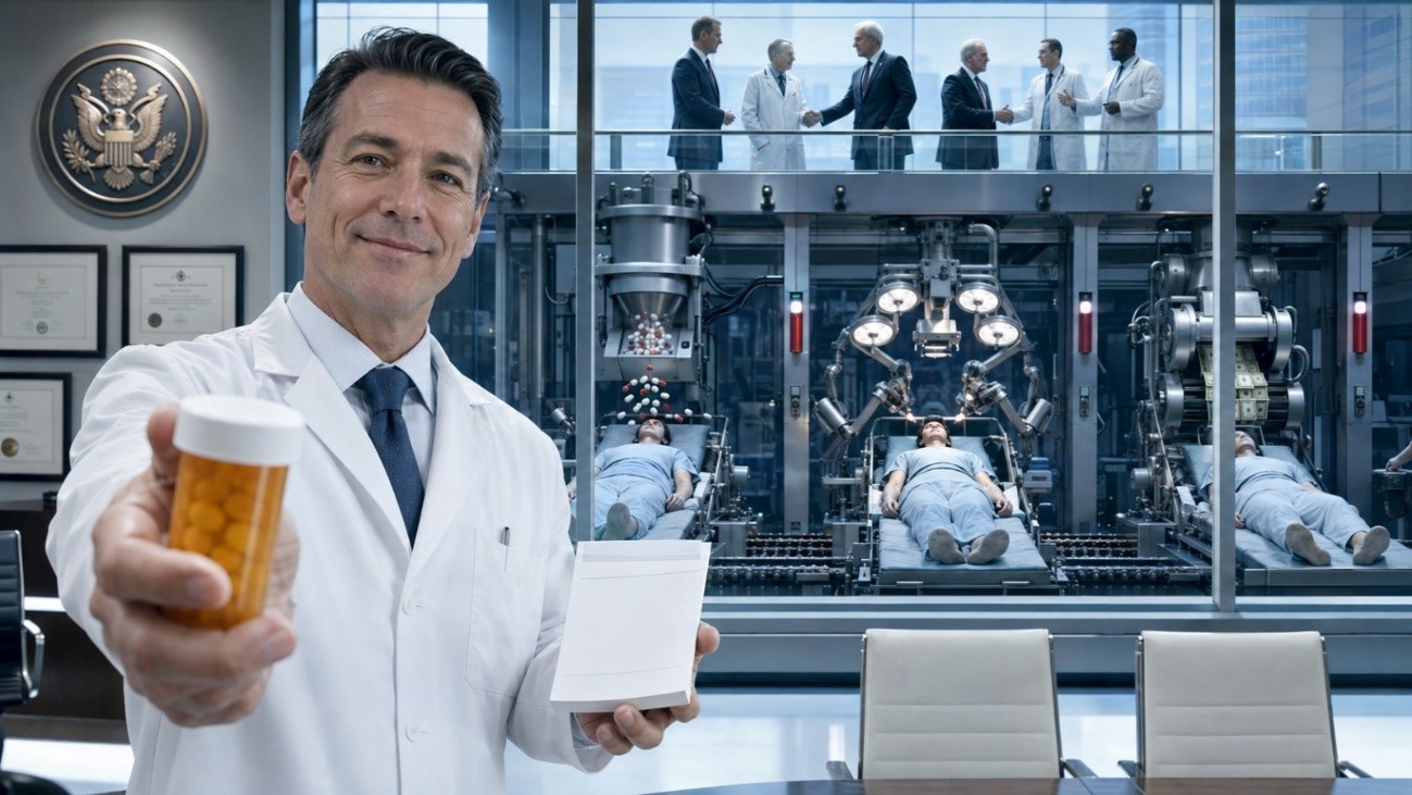 Conceptual illustration of a doctor holding a prescription bottle in a pharmaceutical facility with patients and officials in the background.