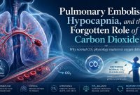 Medical illustration of pulmonary embolism showing a blood clot in the lungs, reduced oxygen delivery, and the physiological role of carbon dioxide.