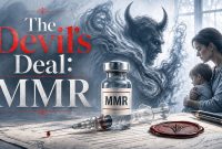 Editorial illustration titled “The Devil’s Deal: MMR,” showing an MMR vaccine vial and syringe beside a mother holding her child, with a dark symbolic figure in the background.