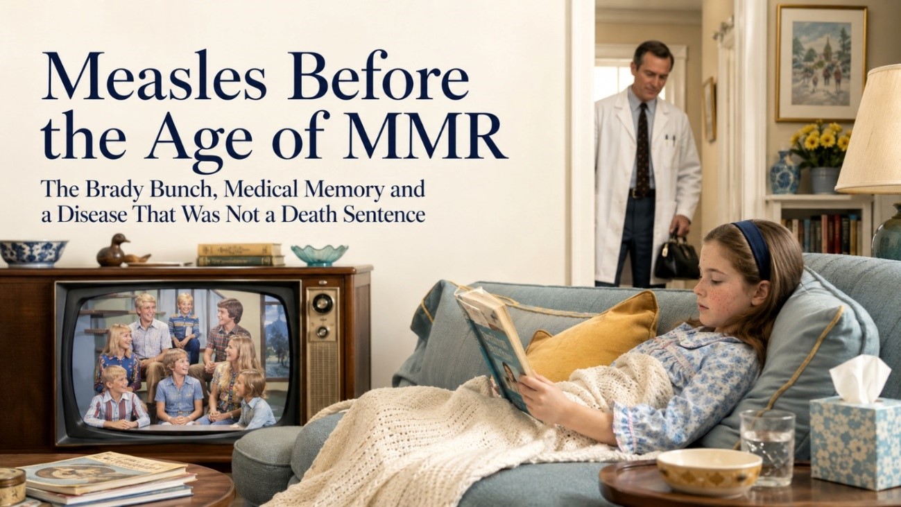 Vintage-style illustration titled “Measles Before the Age of MMR,” showing a child recovering at home with a doctor nearby and a family television scene.