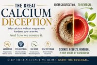 Infographic comparing a heavily calcified artery with a healthy artery, illustrating the relationship between magnesium, cyclodextrins, CAC score reduction, and cardiovascular health.