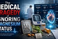 Medical graphic highlighting the consequences of ignoring magnesium status, with a magnesium symbol, heart, blood pressure monitor, and clinical data.