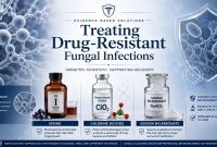 Infographic about drug-resistant fungal infections featuring iodine, chlorine dioxide, and sodium bicarbonate alongside fungal imagery.