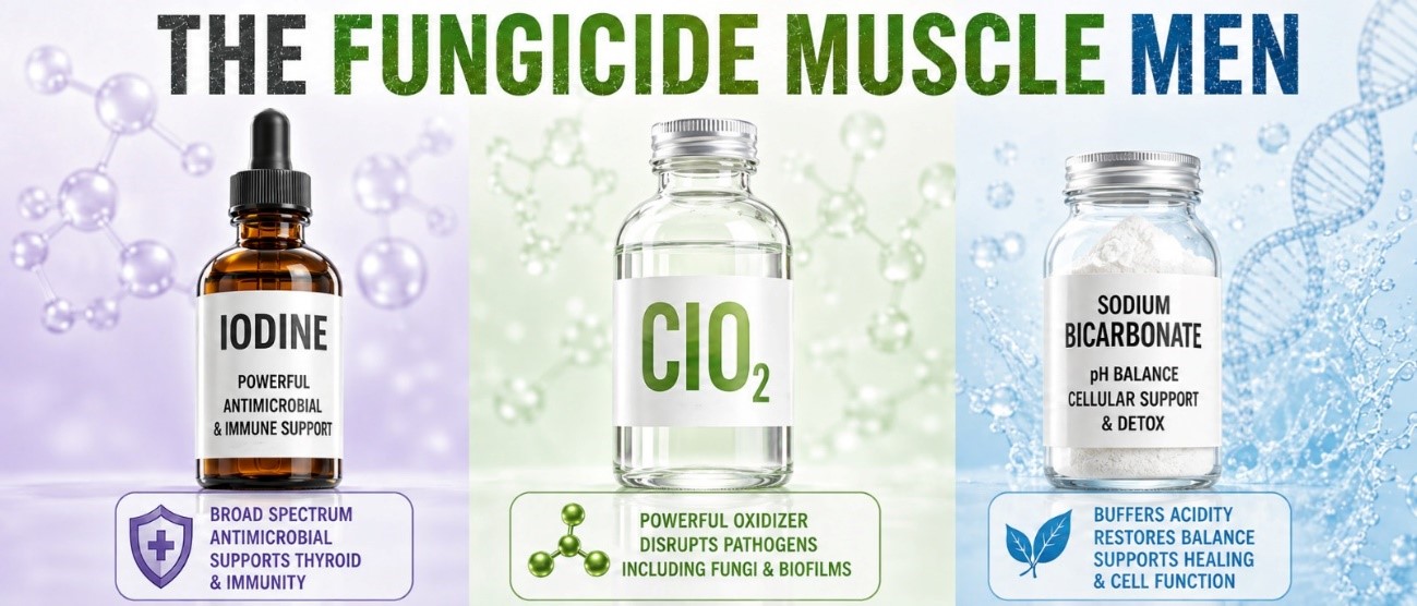 Infographic titled “The Fungicide Muscle Men” featuring iodine, chlorine dioxide, and sodium bicarbonate and their proposed antimicrobial roles.