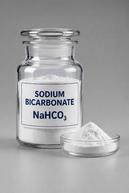 Glass container of sodium bicarbonate powder labeled NaHCO₃ with additional white powder beside it.