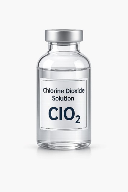 Clear vial labeled “Chlorine Dioxide Solution ClO₂” against a white background.