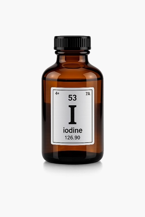 Amber glass bottle labeled iodine with the element symbol I and atomic number 53.