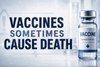Medical graphic showing a vaccine vial beside the headline “Vaccines Sometimes Cause Death,” with warning symbols and a clinical background.