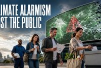 People casting votes beneath the headline “Climate Alarmism Lost the Public,” with a shattered climate warning display in the background.