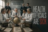 Health officials and doctors gathered around a table with pharmaceutical imagery and the headline “Health Officials Are Sick.”