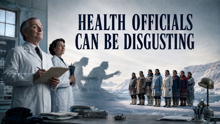 Doctors overlooking Indigenous women in a cold landscape beneath the headline “Health Officials Can Be Disgusting.”