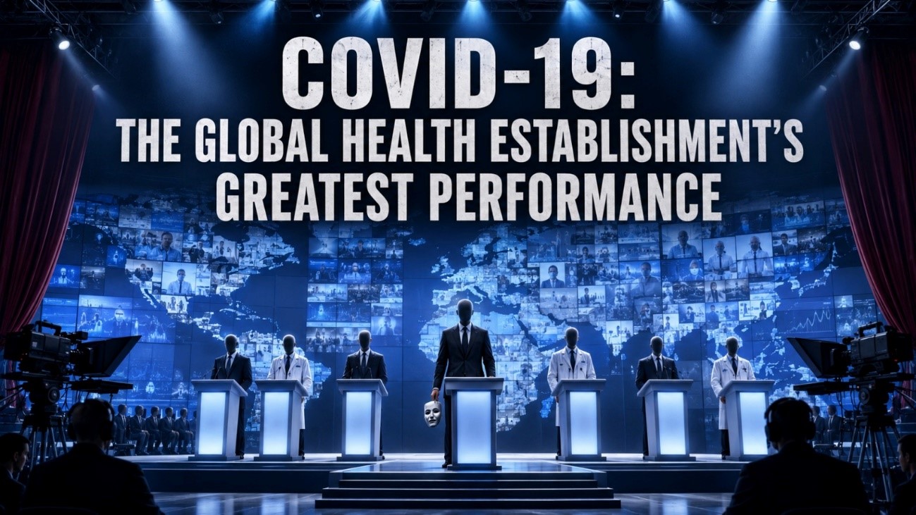 Staged global health presentation depicting officials on a televised stage under the headline about COVID-19 and the global health establishment.