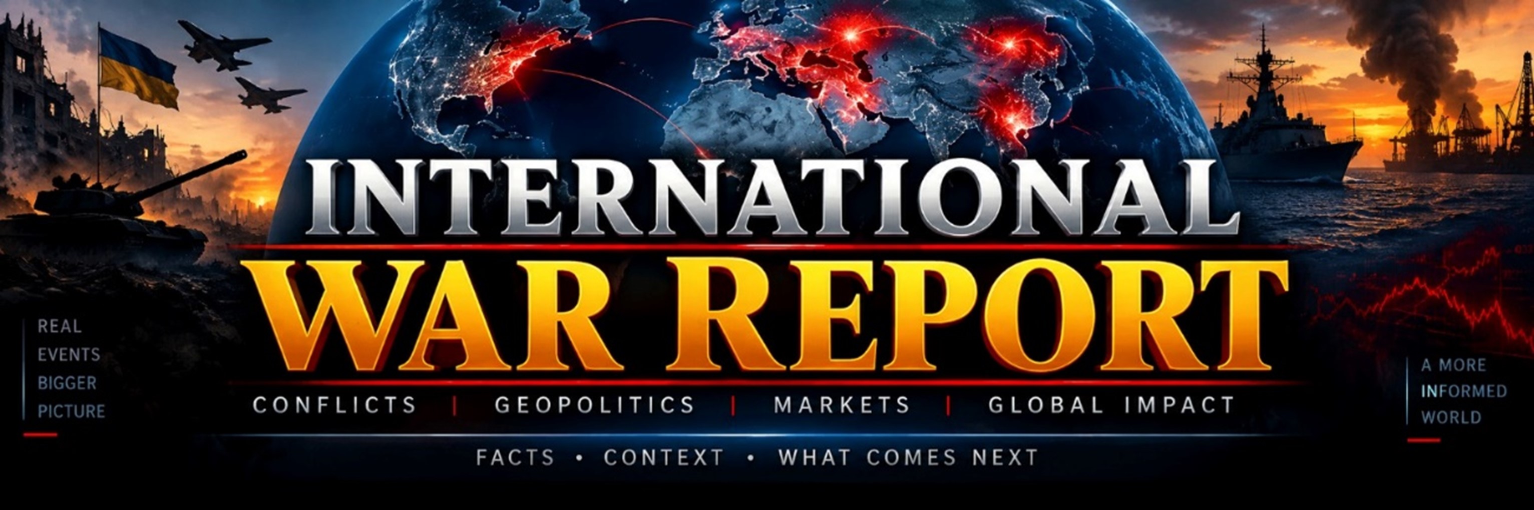 International War Report banner featuring a world map, military aircraft, a tank, naval forces, and global conflict zones.