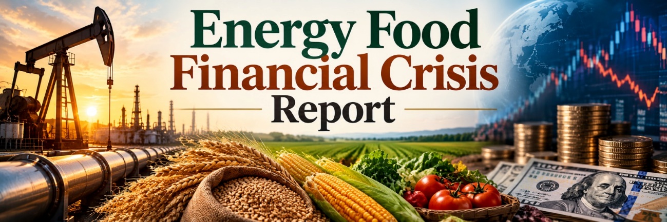 Energy, Food & Financial Crisis Report banner showing oil production, crops, money, and financial market charts.