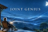 Man sitting on a veranda beneath a moonlit sky with streams of light representing AI-assisted thought and the words “Joint Genius.”