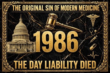 Graphic reading “The Original Sin of Modern Medicine — 1986: The Day Liability Died,” featuring the U.S. Capitol, a gavel, and medical symbols.