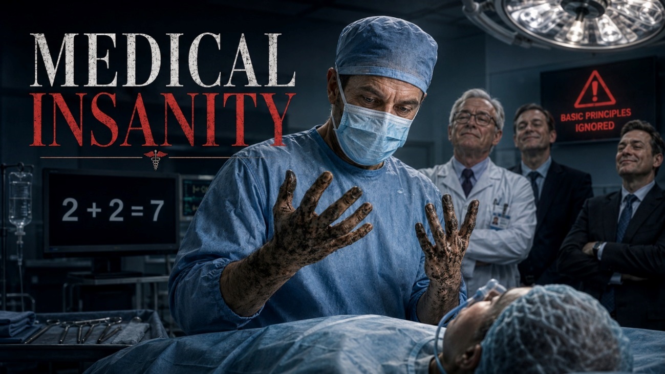 Surgeon in an operating room looking at visibly dirty hands while medical officials stand behind him beneath the title “Medical Insanity.”