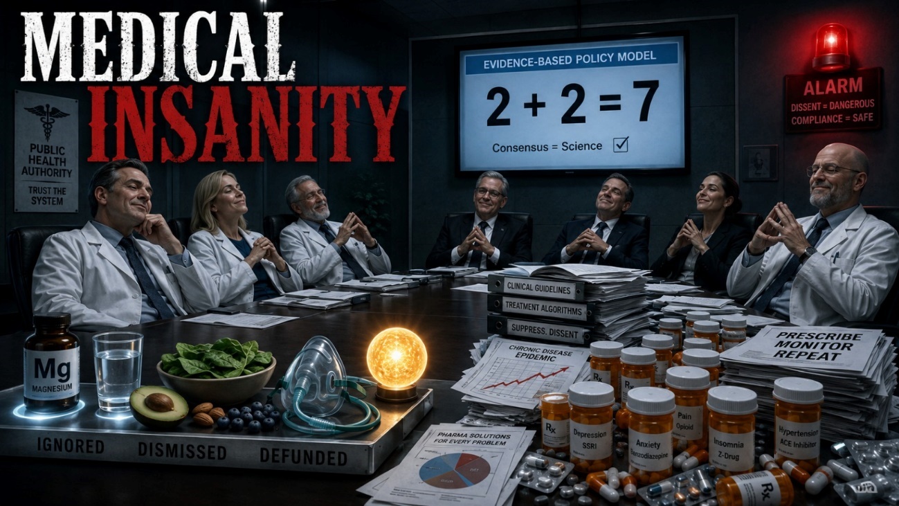 Medical professionals seated around a conference table with prescription bottles, nutritional foods, magnesium, and a screen displaying “2 + 2 = 7.”