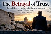 Robert F. Kennedy Jr. facing the U.S. Capitol beside broken stones symbolizing lost trust, accountability, and medical freedom.