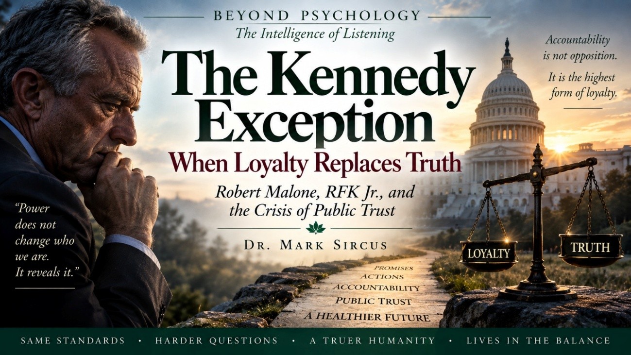 Robert F. Kennedy Jr. beside the U.S. Capitol and scales labeled “Loyalty” and “Truth,” illustrating questions of accountability and public trust.