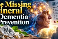 Older adult with an illuminated brain beside magnesium minerals and a dementia risk-factor list, under the title “The Missing Mineral in Dementia Prevention.”
