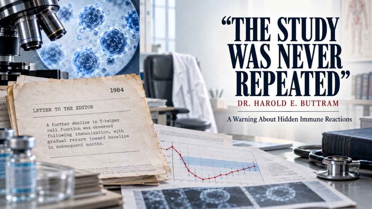 Laboratory scene featuring a 1984 study and Dr. Harold E. Buttram’s warning about hidden immune reactions.