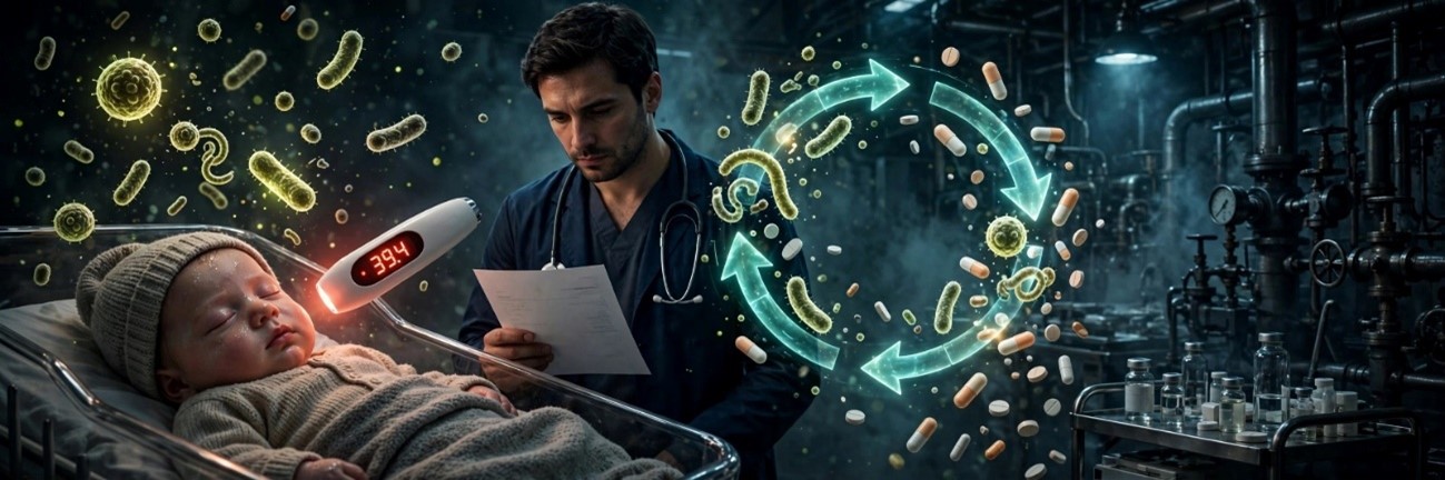 Illustration of a sick infant, physician, microorganisms, and medications representing a possible post-vaccination medical cascade.