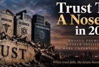 Crumbling symbols of government, media, medicine, science, and corporations representing declining institutional trust.