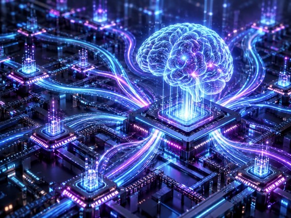 Digital brain connected to a futuristic artificial intelligence network.